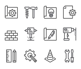 Construction isolated line outline icon set flat style simple design concept. Vector cartoon graphic illustration