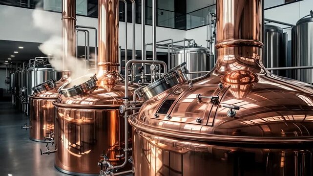 Brewery interior with rows of copper tanks and stainless steel pipes, vapor rising
