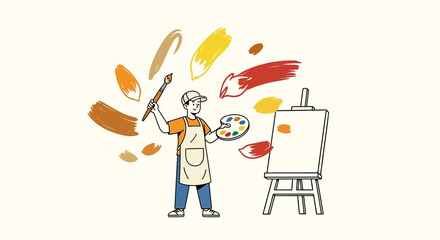 Illustration of a painter with brush, palette, and easel ready for artistic creation