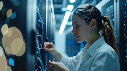 Woman in lab coat working on server rack, surrounded by blinking lights and cables