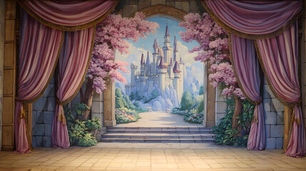 Enchanted Castle Scene with Cherry Blossoms and Elegant Draperies