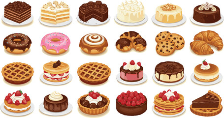 Pastry and dessert clipart set, cakes, donuts, pies, cupcakes, croissants, pancakes, bakery icons, sweets collection, digital illustrations