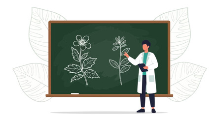 Illustration of a scientist explaining plant structure on a chalkboard in classroom