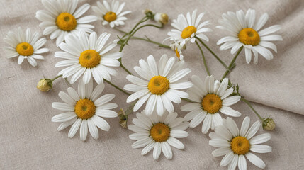 Obraz premium Close-up of Chamomile Flowers on Pale Linen