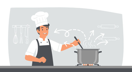 Illustration of a smiling chef cooking a delicious meal in a kitchen setting