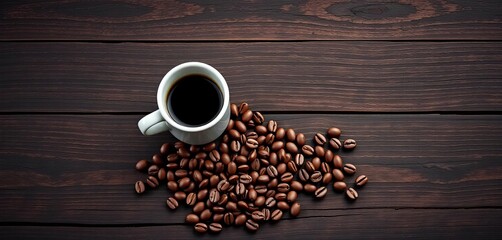 Dark wood background, coffee cup, scattered beans, coffee,  cafe