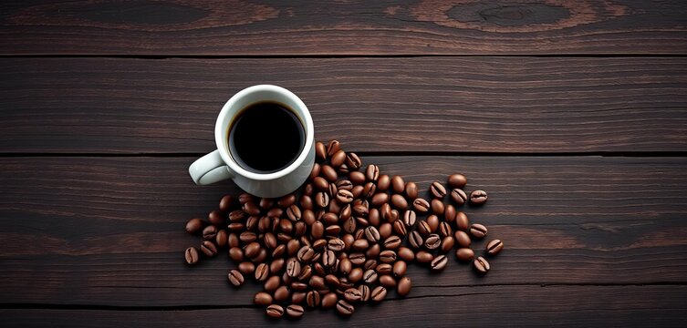 Dark wood background, coffee cup, scattered beans, coffee,  cafe