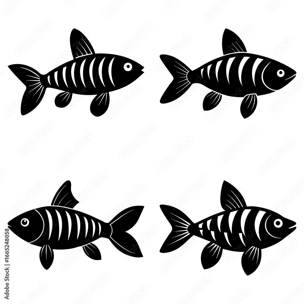 Poster four black fish icons with white bone structure details arranged on a white background surface view