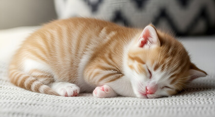 Adorable Newborn Kitten Sleeping Peacefully on a Soft Pastel Blanket