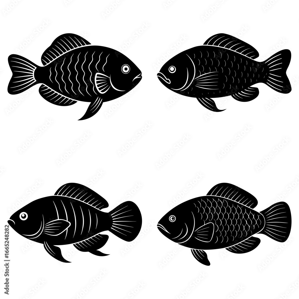 Poster Illustration showing four black fish with different scale and fin patterns on a white background design