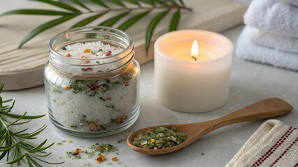 A jar of bath salts with a candle and wooden spoon on a white surface near towels