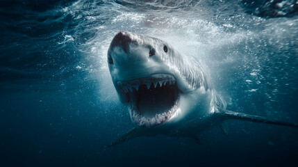Fototapeta premium Underwater cinematic close-up of a great white shark swimming with its mouth wide open, showcasing its sharp teeth