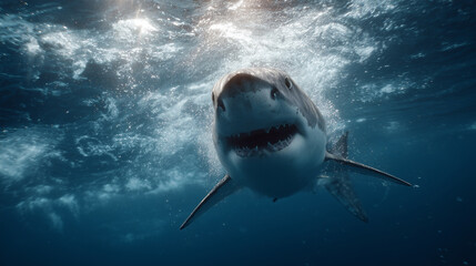 Powerful great white shark swimming menacingly through deep blue ocean waters