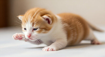 Adorable Newborn Kitten Crawling on Soft Surface in Bright Light