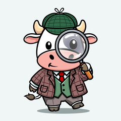 Fototapeta premium cute cartoon little cow in detective suit, looking for items with a magnifying glass. funny animal in search on white background . vector cartoon character illustration.