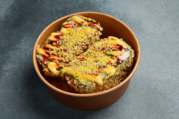 appetizing fresh sushi burgers. Japanese cuisine. Food delivery.