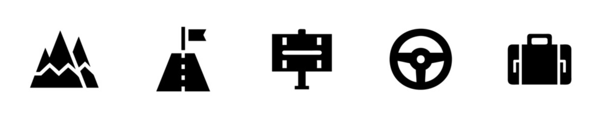 Icons mountains road steering wheel suitcase flag sign