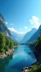 Fototapeta premium Serene mountain lake scenery with lush vegetation.