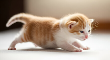 Adorable Ginger Kitten Crawling on White Surface During Exploration