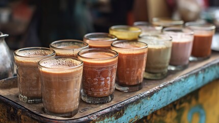 Pakistani karak chai glass cups on roadside stall traditional spiced tea street culture styled for South Asian stock photography