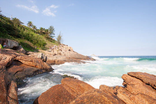 View of the sea from the rocks of Joatinga beach in Rio de Janeiro