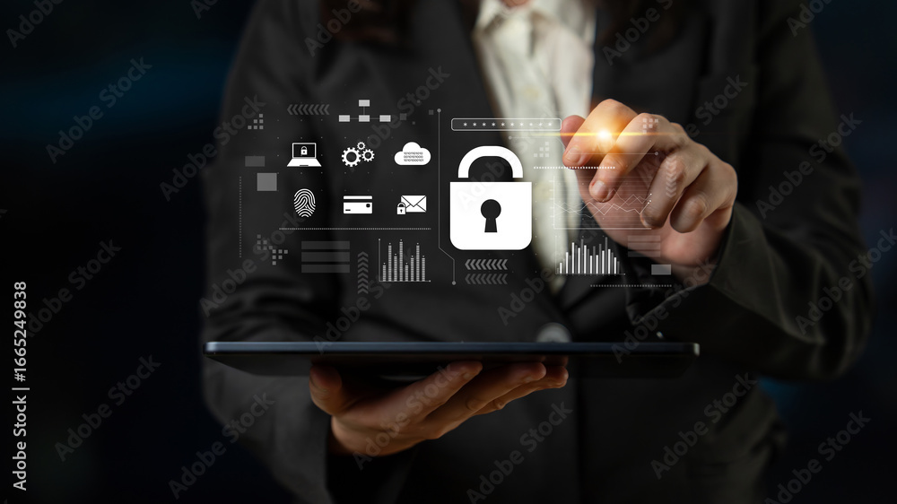 Poster digital cyber security lock system highlighting data security encryption, cyber password protection,
