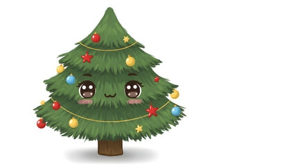 Adorable cartoon Christmas tree with cheerful eyes, festive ornaments, and holiday cheer