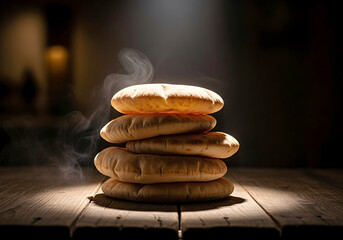 Stack of Warm Steaming Pita Bread on Rustic Wooden Surface flatbread baked goods