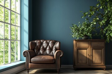 Brown leather armchair in living room with blue wall and window interior design