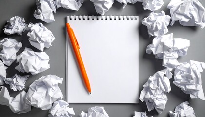 Blank notepad with crumpled paper, and pen.
