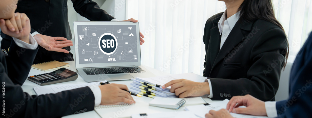 Poster seo search engine optimization for brisk e-commerce and online retail business showing on computer s