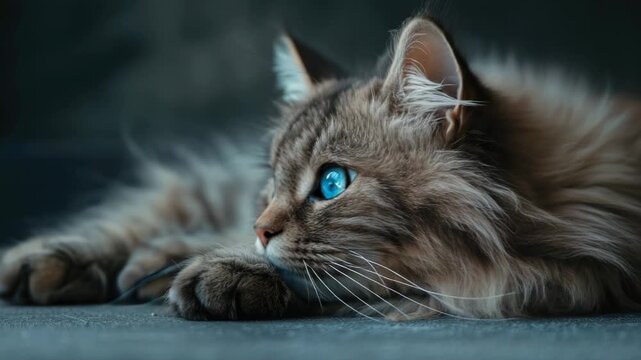 A domestic cat with bright blue eyes lying down on a flat surface