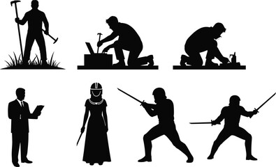 Silhouettes of workers, professionals, and fighters in dynamic action poses representing occupations, tools, business, combat, and lifestyle vector illustration.