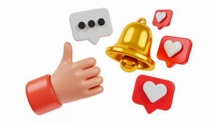 Social media engagement icons featuring a thumbs up notification bell and like hearts