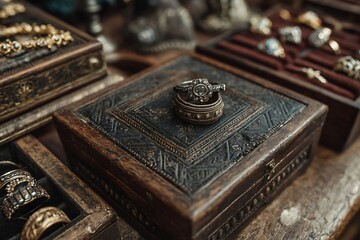 Intricate carved chest with boho rings high resolution wallpaper