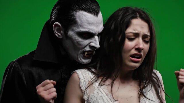 Vampire Attack on Green Screen - A dramatic close-up shot of a vampire biting a terrified victim's neck. The scene is set against a green screen, ideal for compositing.