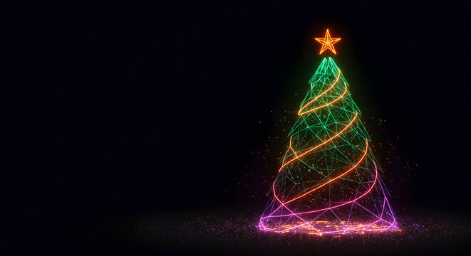 Modern Christmas tree with glowing neon lights and star on a dark background for holiday design