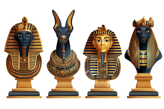 Ancient Egyptian Busts and Pharaoh Masks Set isolated on white transparent background