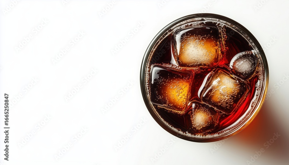 Poster top view of cola drink in a glass with ice on white surface captured in a close-up shot. refreshing 