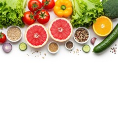 Fresh healthy food ingredients arranged on white background isolated on white background
