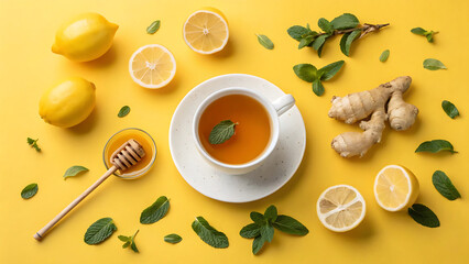 Warm cup of tea with lemon, ginger, honey, and mint for wellness