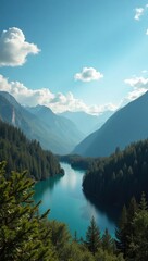 Obraz premium Serene mountain lake nestled in a valley.