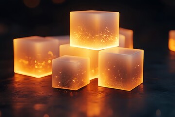 Glowing ice cubes photography with warm light and dark background scene stock