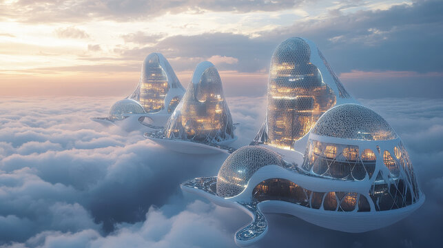 AI-powered future city floating above the clouds, with gravity-defying architecture, intelligent transport, and glowing energy shields &mdash;ar 16:9 