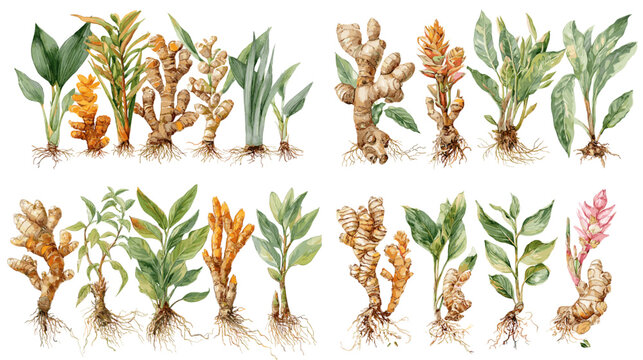 Watercolor illustration of herbal root plants such as ginger and turmeric with leaves and stems. Ideal for natural medicine, herbal remedies, and organic farming.