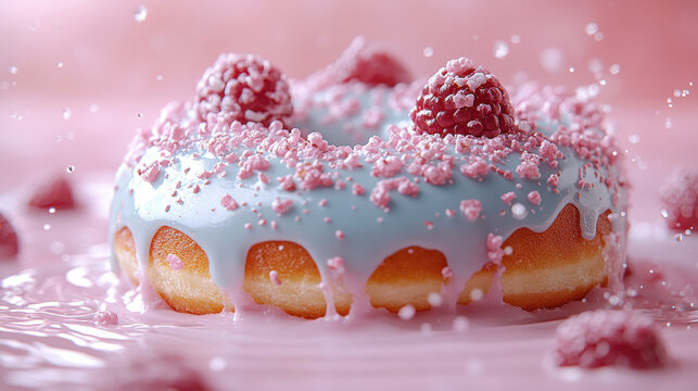 Raspberry donut splashing in milk with fresh berries. Three donuts with pastel blue icing and pink sugar sprinkles, surrounded by fresh raspberries. A delicious sweet treat in a cozy, pink-toned setti - Powered by Adobe