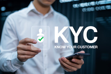 Man holding a smartphone displaying a digital kyc know your customer verification process with a user profile icon and checkmark for secure online identification