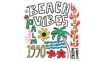 Naklejka na ściany i meble Sunshine paradise graphic print design. Graffiti Tropical palm tree design. Beach modern abstract art. Sunshine on my mind. Summer vibes artwork. Peace symbol.