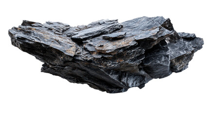 Jagged dark gray rock formation with metallic flecks on white background