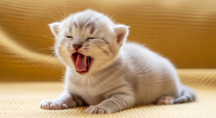 Adorable Kitten Yawning on a Cozy Yellow Blanket in Soft Lighting